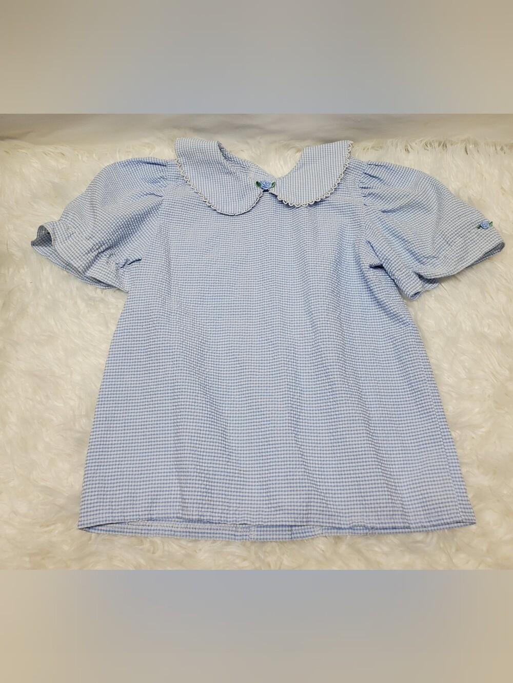 Vintage gingham shirt floral rose bud lace collar blue shirt therese brand y2k